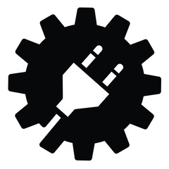 Poster - Cogwheel with fork plug and cord solid icon, electrical service concept. Vector graphics. Fork on mechanic gear, repair sign on white background, style mobile or design.