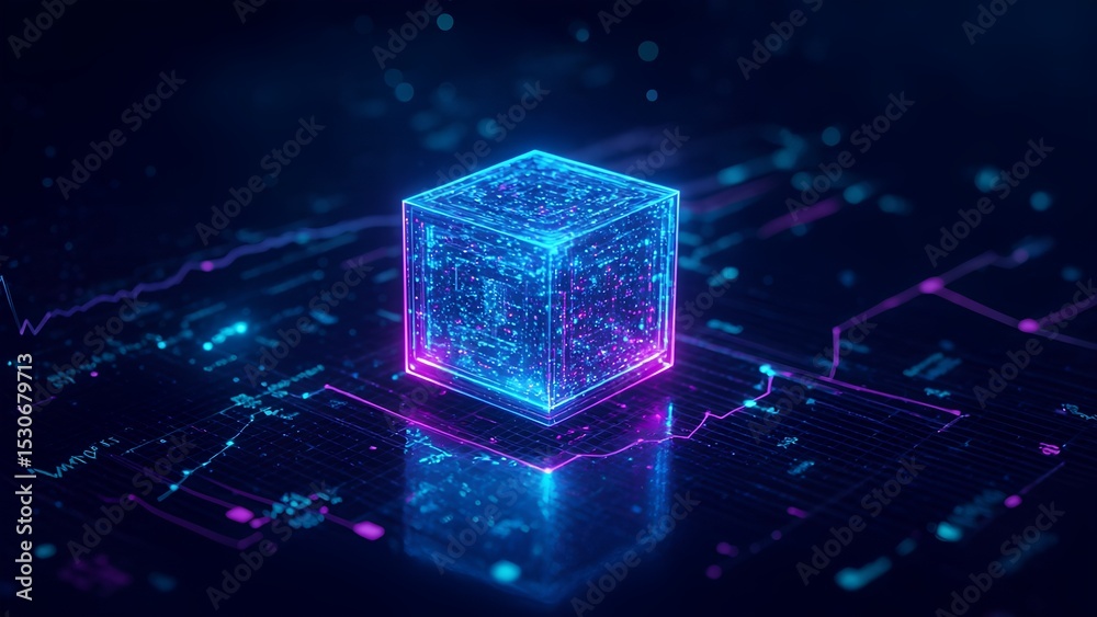 Futuristic Glowing Cube on Circuit Board representing advanced ...