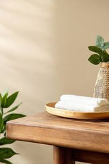 Poster - Rolled white towels on a bamboo tray on a wooden table, creating a spa like atmosphere, promoting relaxation and wellness