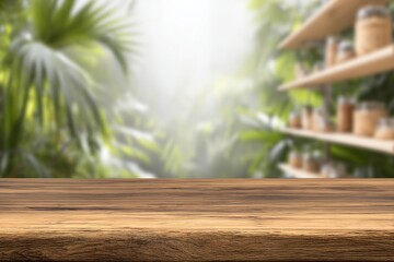 Aufkleber - Empty wooden table top with blurred green leaves background, perfect for product placement or display