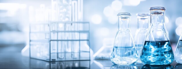 Aufkleber - Laboratory glassware containing blue liquids stands on a table in a laboratory, with test tubes in the background and copy space