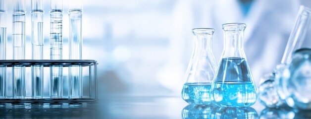 Aufkleber - Laboratory glassware containing blue liquid in a scientific setting, with test tubes and beakers, suggesting ongoing research and experimentation