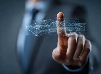 Aufkleber - Businessman touching a forward button, activating a futuristic digital network connection, symbolizing progress and innovation