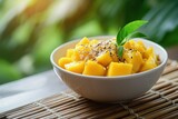 Mango cubes topped with sesame seeds in a bowl.