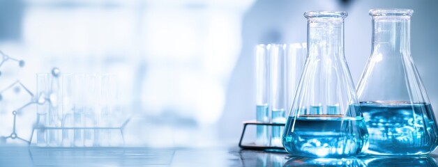 Aufkleber - Erlenmeyer flasks and test tubes containing blue chemical liquid are displayed on a laboratory table, embodying scientific research and analysis