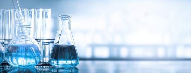 Aufkleber - Laboratory glassware containing blue liquid in a scientific research lab performing an experiment