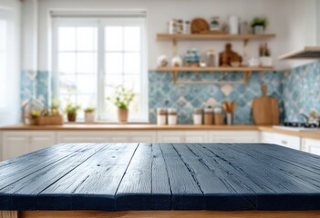Poster - Empty black wooden table top with blurred modern kitchen interior background, suitable for product display montage