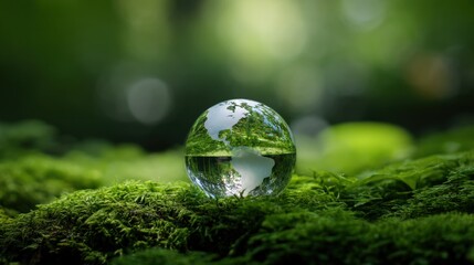 Poster - Glass globe showcasing Earth's continents resting on a bed of lush green moss, symbolizing environmental protection and sustainability