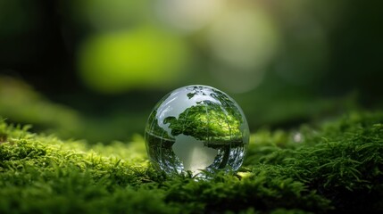 Poster - Glass globe resting on a bed of vibrant green moss, symbolizing environmental protection, sustainability, and the delicate balance of nature