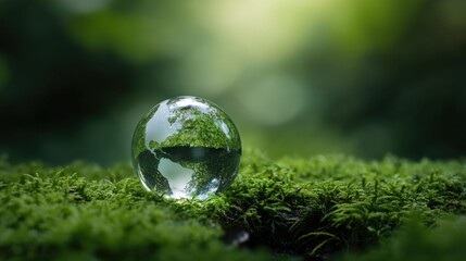 Poster - Glass globe resting on a bed of vibrant green moss, symbolizing environmental protection and sustainability