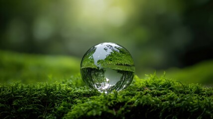 Poster - Glass globe showcasing Earth resting on vibrant green moss, symbolizing environmental protection and sustainability