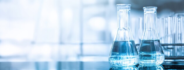 Aufkleber - Two beakers filled with blue liquid stand on a laboratory table, test tubes and other lab equipment visible in background, conveying a sense of scientific research and discovery