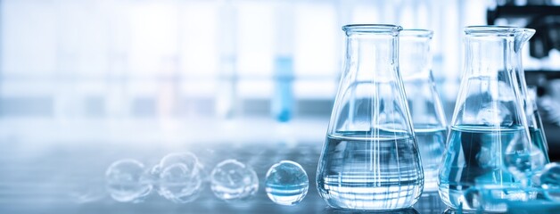 Aufkleber - Glass beakers filled with transparent and blue liquids in a modern laboratory setting, conducting scientific research with advanced equipment