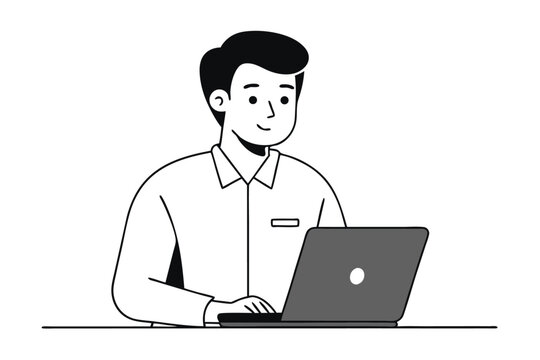 Focused man working on laptop computer wearing a white shirt isolated on transparent background