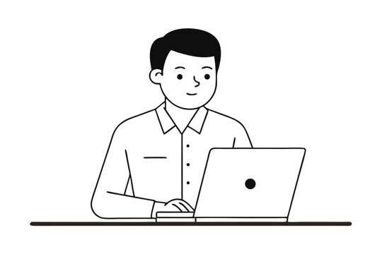 Focused man working on laptop computer wearing a white shirt isolated on transparent background