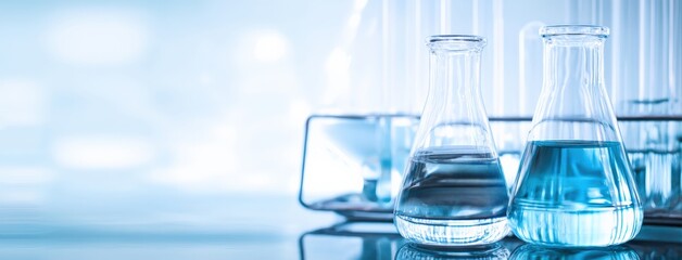 Poster - Two erlenmeyer flasks containing chemical liquids, one blue and one transparent, inside a laboratory with test tubes in the background