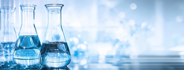 Aufkleber - Erlenmeyer flasks containing blue liquid in a laboratory setting, conducting scientific experiments and research