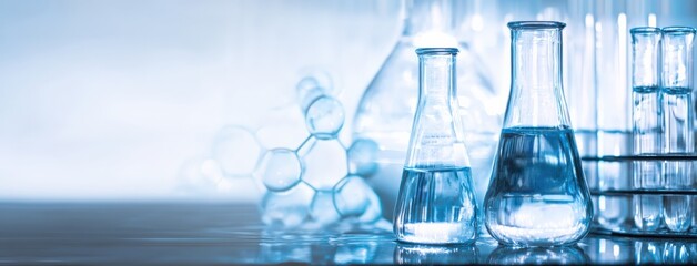 Poster - Laboratory glassware containing blue liquid stands on table next to molecular model in modern laboratory setting, ideal for science or research concepts