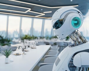 Poster - A robot is standing in front of a table with a white tablecloth