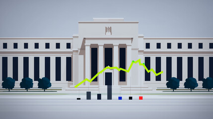 Poster - Federal Reserve and Economy Graphic: Federal reserve building overlaid with a fluctuating green economy graph line and financial status bar for creative illustration or data visualization.