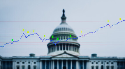 Poster - Capitol Hill & Market: A juxtaposition of iconic government building and market data, symbolizing the intricate interplay of policy and economics in a visually engaging manner.