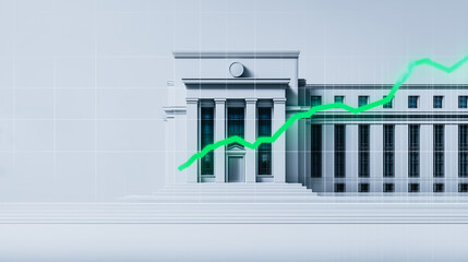 Poster - Financial Growth:  A visual representation of a financial institution is superimposed with an upward-trending green line, illustrating growth and economic progress in a photorealistic format. 