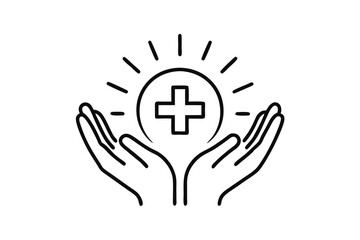 Continuous line art sun with plus sign in hands isolated on transparent background