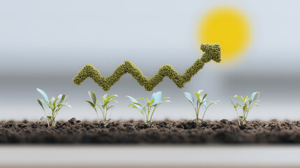 Poster - Green growth: A symbolic representation of growth and progress, featuring vibrant young plants emerging from the earth with a stylized upward-trending arrow formed from foliage.