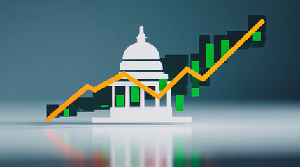 Poster - Government Financial Growth: A graphic showing the rising financial trend, symbolized by a silhouette of a government building. The image uses lines and bar graphs to represent positive growth.