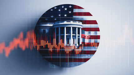 Poster - American Economy: A symbolic representation of the American economy, featuring the iconic White House and a dynamic financial chart overlaid against the backdrop of the stars and stripes.