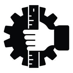 Poster - Hand with ruler and cogwheel solid icon, exhibition concept. Vector graphics. Project planning, designer tool sign on white background, style mobile or design.