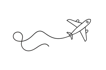 Continuous line drawing airplane travel illustration isolated on transparent background