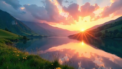 Wall Mural - A serene landscape featuring a tranquil lake reflecting a vibrant sunset, lush green hills, and clear blue sky, embodying peaceful wellness and natural beauty , mindfulness, natural light