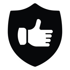 Fototapete - Shield with thumb up hand solid icon, black friday concept. Vector graphics. Positive feedback emblem sign on white background, style mobile or design.