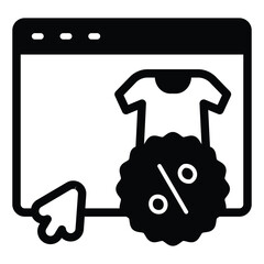 Poster - Website with shirt and discount solid icon, black friday concept. Vector graphics. Product landing page and mouse cursor sign on white background, style mobile or design.
