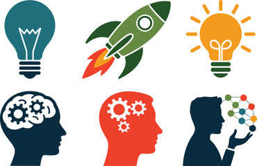 Poster - Ideas innovation creativity concept with lightbulb rocket brain gears and network connection vector illustration editable stock vector illustration