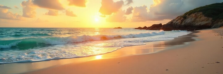 Wall Mural - Golden hour sunlight bathes a pristine, sandy beach, with gentle waves lapping the shore Perfect for travel, vacation, and summer themes Tranquil ocean scene , paradise, view, coastline