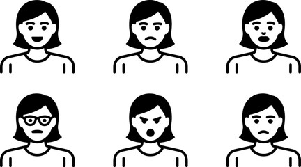 Poster - Vector woman face expressions emotions set happy sad angry surprised icon illustration graphic design art editable stock vector illustration
