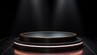 © Visionary Vistas - A round podium with a subtle, glowing outline, defining its shape against the blackness, creating a minimalist yet striking image.