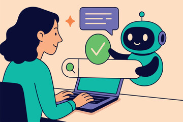 Poster -  Search concept. Character using artificial intelligence ( AI) generative tools for searching or browsing internet. Woman integrating with robot. SEO concept. Vector illustration