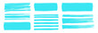 © aura studio - Vector illustration light blue highlighter set, hand drawn brush pen, cyan highlight strokes, turquoise marker stripes, underline emphasize, simple text frames, office supplies.