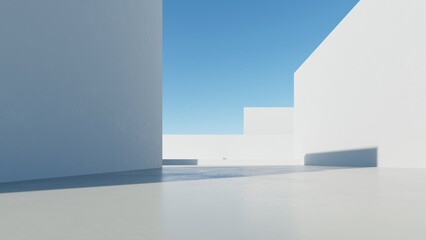 Fototapete - 3d illustration of abstract modern architecture background, Minimal geometry architectural design, Car presentation backdrop with empty concrete floor, Geometric white blocks building design