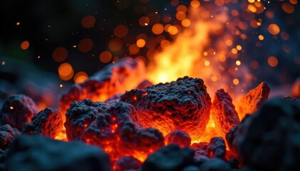 Wall Mural - Close-up of burning embers with vibrant sparks flying, creating a mesmerizing display of fiery light and texture Perfect for themes of energy, passion, and fleeting beauty , energy, flare, texture