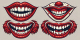 Crazy clowns faces on white background. Circus monsters. Scary evil clown smile. Vector icons set.