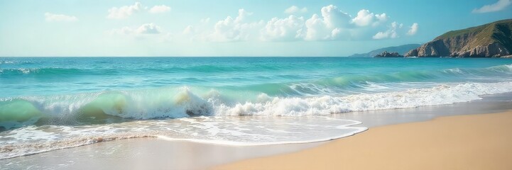 Wall Mural - Serene coastal scene featuring soft, rolling waves gently lapping against a sandy shore, creating a calming 