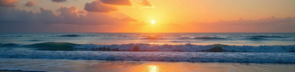 Wall Mural - Serene sunrise over a calm ocean, waves gently lapping the shore, soft light illuminating the water's surface, peaceful and tranquil atmosphere, perfect for relaxation , sunrise light, golden hour