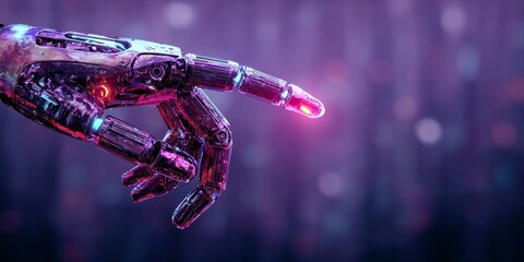 Poster - Futuristic Cybernetic Technology Illustration of a Robotic Hand with Neon-Illuminated Features