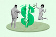 © deagreez - Full 3d poster art collage of two happy inexperienced businesswoman businessman stand dollar half crack inflation regress