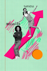 Poster - Creative banner collage of two girls stand arrows up on green color background
