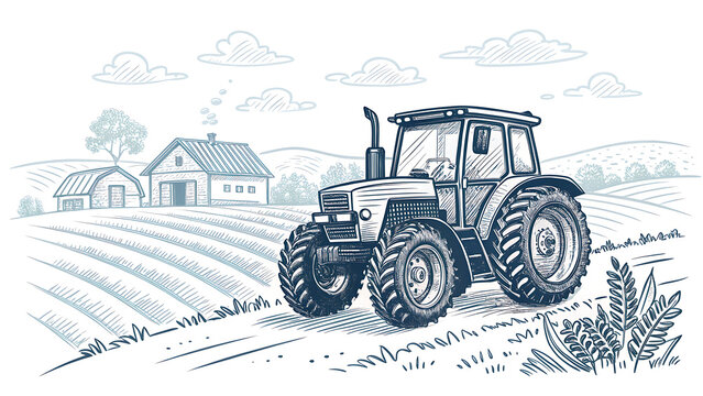 Hand Drawn Tractor for Farm on White Background 